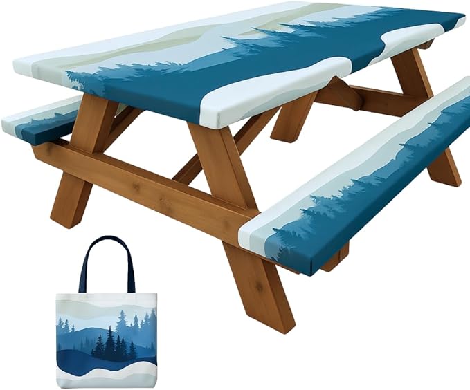 RNOONY 8ft Polyester Picnic Table Cover with Bench Covers Windproof & Waterproof Tablecloth, Perfect for Camping Gifts & RV Essentials, Cool Camping Gadgets, with Carrying Bag, 96x30 Inches, 4Pcs,Blue