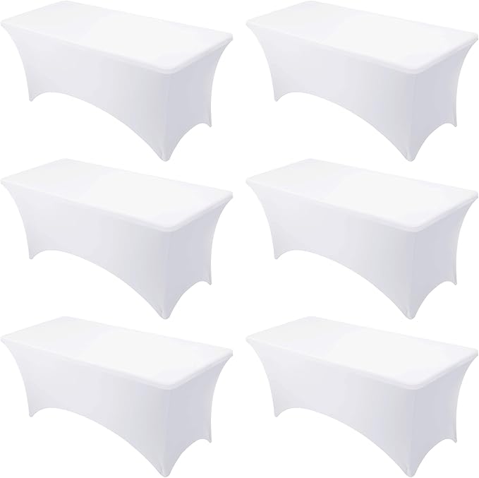 6-Pack Premium White Spandex Tablecloths for 6ft Rectangle Tables, Stain & Wrinkle-Resistant, Washable Stretch Polyester Fitted Table Cover for Weddings, Banquets, Trade Shows Events