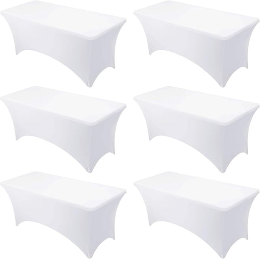 6-Pack Premium White Spandex Tablecloths for 6ft Rectangle Tables, Stain & Wrinkle-Resistant, Washable Stretch Polyester Fitted Table Cover for Weddings, Banquets, Trade Shows Events