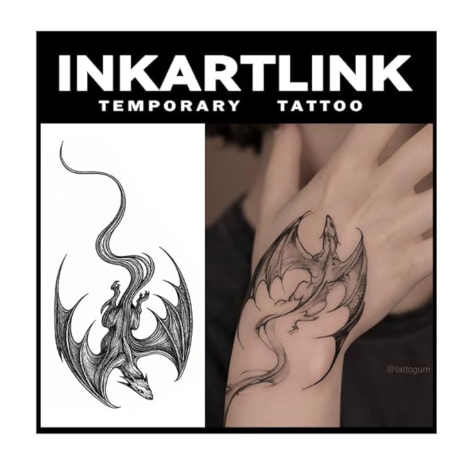 INKARTLINK Tattoo Tech, 2 Sheets Medium Semi Permanent Tattoo, Adult Art Design Temporary Tattoos, Lasts 1-2 Weeks, Waterproof, Realistic Look, No Reflection (Winged Dragon)