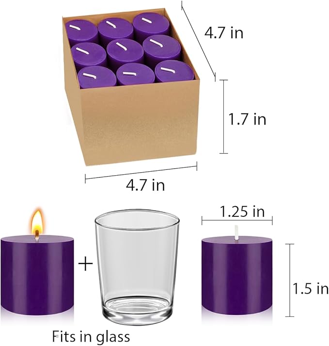 9 Packs Unscented Purple Votive Candles, Small 1.5 Inch by 1.25 Inch Colored Wax Candles for Wedding, Home Party Table Decoration - 8 Hours Burn Time