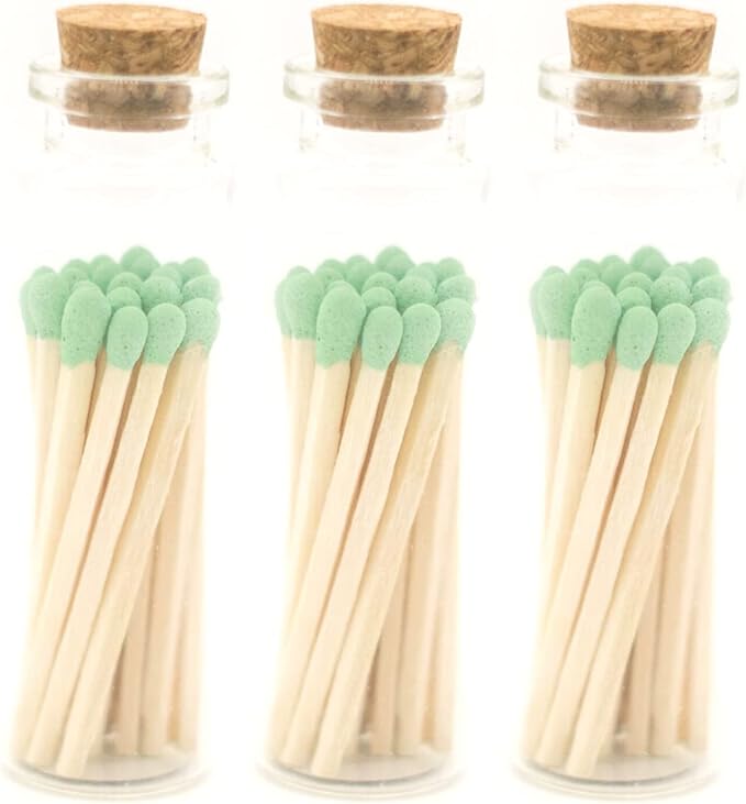 River Birch Decorative Matches in a Bottle with Striker - Cute & Colored Matches - 3 Bottles,Spring Green Tip, 60 Matches