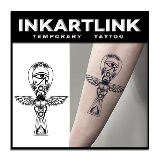 INKARTLINK Tattoo Tech, 2 Sheets Medium Semi Permanent Tattoo, Adult Art Design Temporary Tattoos, Lasts 1-2 Weeks, Waterproof, Realistic Look, No Reflection (Ankh & Scarab)