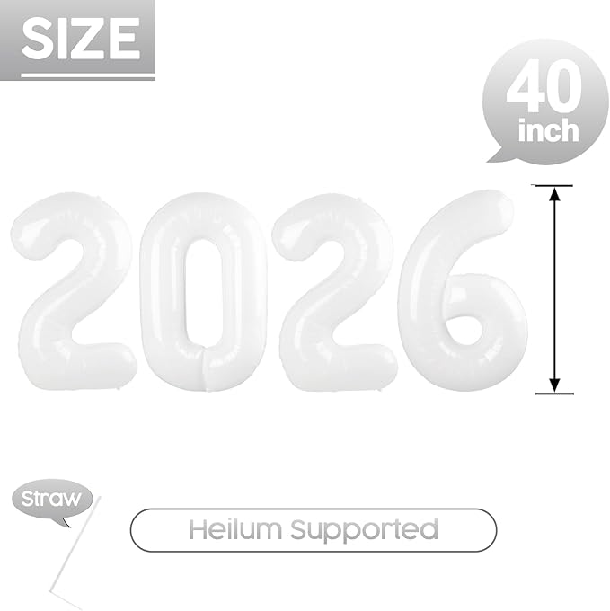 2026 Balloon - 2 Pack White Birthday Number Balloons, 40 Inch Large Foil Balloons for Men Women Boys Girls White Themed Birthday Decorations，Number 2026 Balloon
