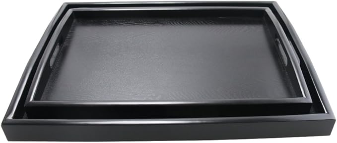 DILLMAN Serving Tray Large Black Wood Rectangle Food Tray Butler Tray Breakfast Tray with Handles (Large+Small)