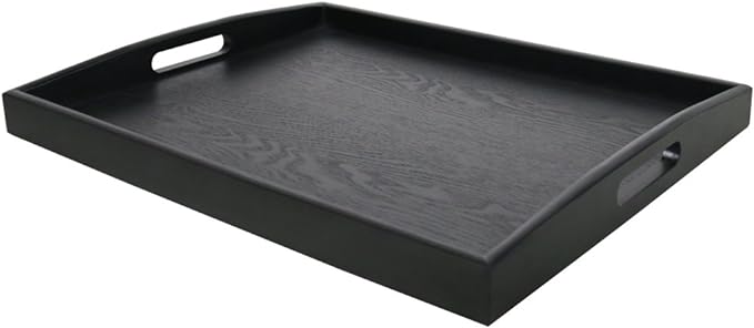 DILLMAN Serving Tray Large Black Wood Rectangle Food Tray Butler Tray Breakfast Tray with Handles (Large)