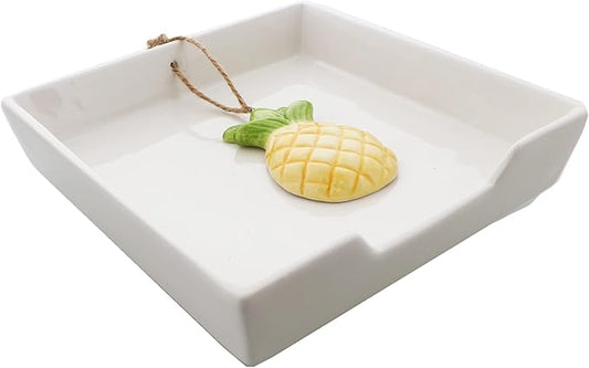 White Ceramic Lunch Napkin Holder with Roped Weight - Pineapple