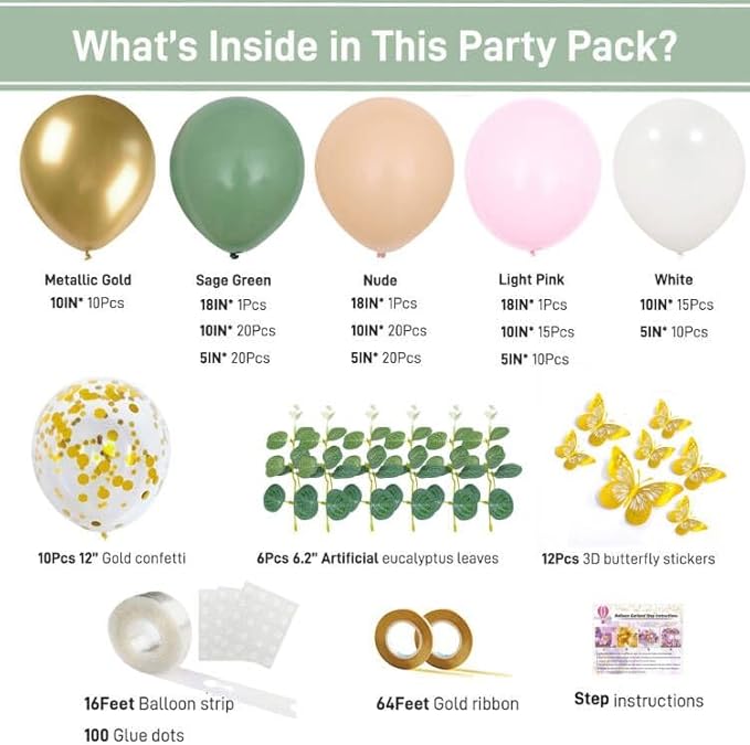 Sage Green Pink Balloon Arch Kit 153Pcs Light Pink Olive Green Blush White Gold Latex Confetti Balloons Garland Artificial Eucalyptus 3D Butterfly for Baby Shower Birthday Party Decorations