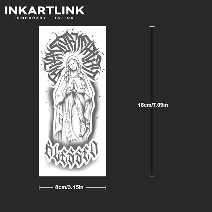 INKARTLINK Tattoo Tech, 2 Sheets Large Semi Permanent Tattoo, Temporary Tattoos, Last 1-2 Weeks, Waterproof, Realistic Look, No Adhesive, No Reflection （Religion Design)162