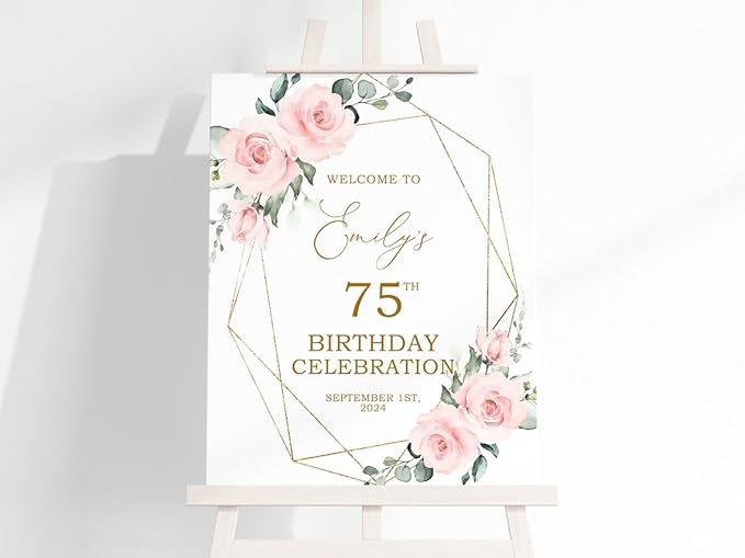 Blush Pink Flowers & Gold Frame Birthday Welcome Sign | EDITABLE Template | Boho Pink Rose Birthday Sign | Printable Large Birthday Poster, welcome sign for birthday parties