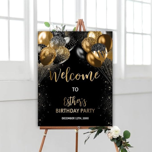 Black & Gold Glitter Balloons & Birthday Sign - Personalized Party Decor