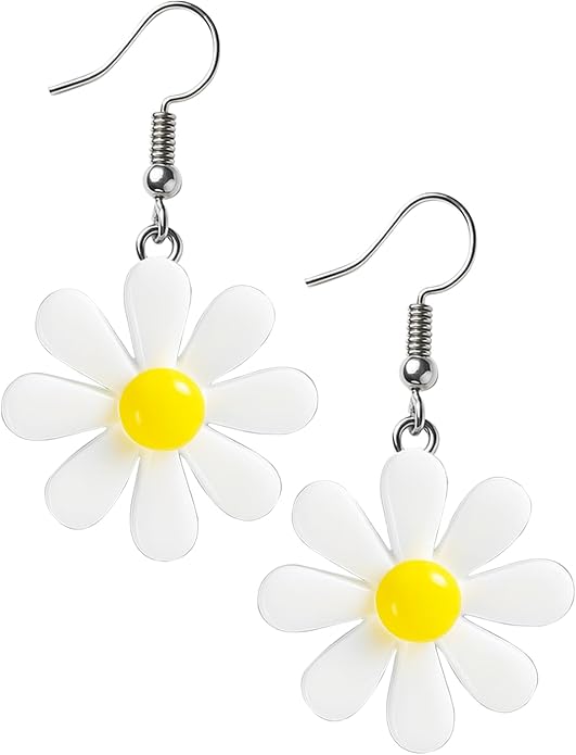 70s Women Accessories for Outfits Acrylic Daisy Costume Adult Flower Drop Earrings for Women – Lightweight Yellow Dangle Jewelry, Cute Summer Accessories