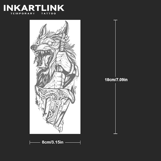 INKARTLINK Tattoo Tech, 2 Sheets Large Semi Permanent Tattoo, Adult Art Design Temporary Tattoos, Lasts 1-2 Weeks, Waterproof, Realistic Look, No Reflection (Wolf Sword)