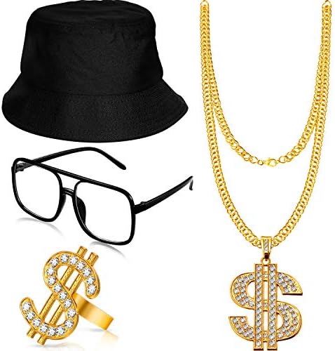 Gejoy Hip Hop Costume Kit 80s 90s Rapper Accessories Outfit for Men Women Sunglass Hat Chain Ring Halloween Party Decoration