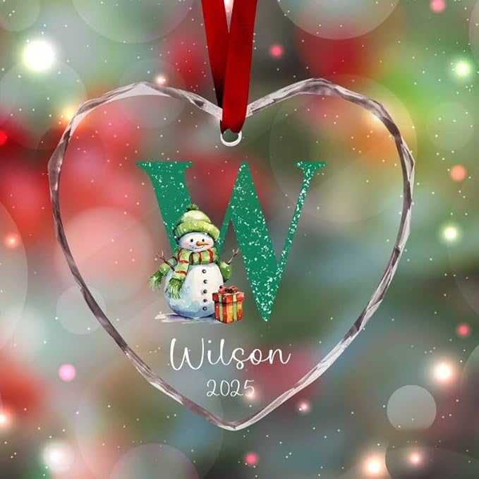 Personalized Heart Christmas Crystal Glass Ornaments Custom 2025 Name Ornament for Christmas Tree Decorations Customized Smowman Tree Hanging Gifts for Family Boys Girls