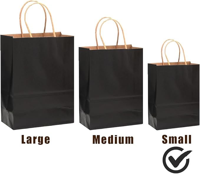 qiqee 200-Packs Black Paper Gift Bags with Handles Bulk 8.3"x6"x3.15" Small Size Paper Bags Multiple Uses