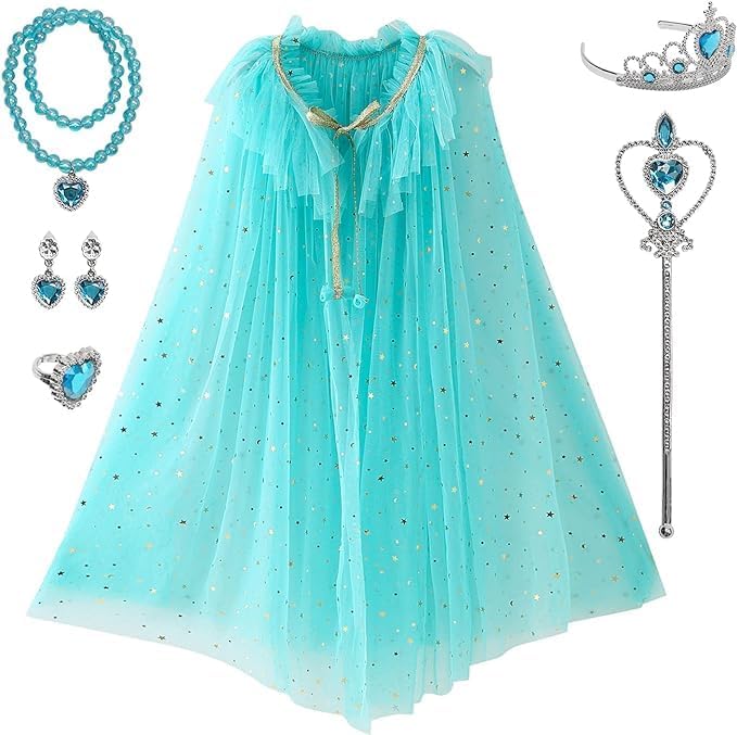 Princess Dress Up Clothes, 7pcs Princess Cape Crown with Wand for Girls 3-8 Years Toddler Princess Dress Up for Birthday Gift
