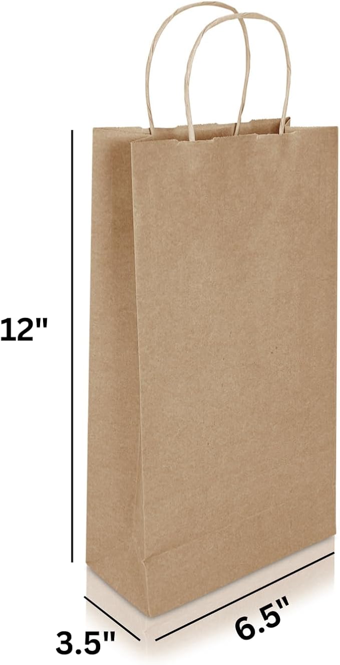 Jet Paper Bags - 100 Pack 6.5x3.5x12 Inch Medium Plain Brown Kraft Paper Bags with Handles Bulk, Gift Wrap Bags for Favors Grocery Retail Party Birthday Shopping Business Goody Craft Merchandise Take Out Sacks