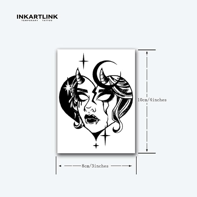 INKARTLINK 2 Sheets Medium Semi Permanent Tattoos, Temporary Tattoos, Adult Art Designs, Waterproof, Realistic, No Adhesive, No Reflective, Lasts 1-2 Weeks (Dark Moon Queen)