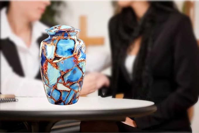 Large Cremation Urn | Handcrafted Marble Finish Adult Cremation Urn | Funeral and Memorial Cremation Urns for Human Ashes up to 200 lbs with Velvet Bag (Luxury Blue)