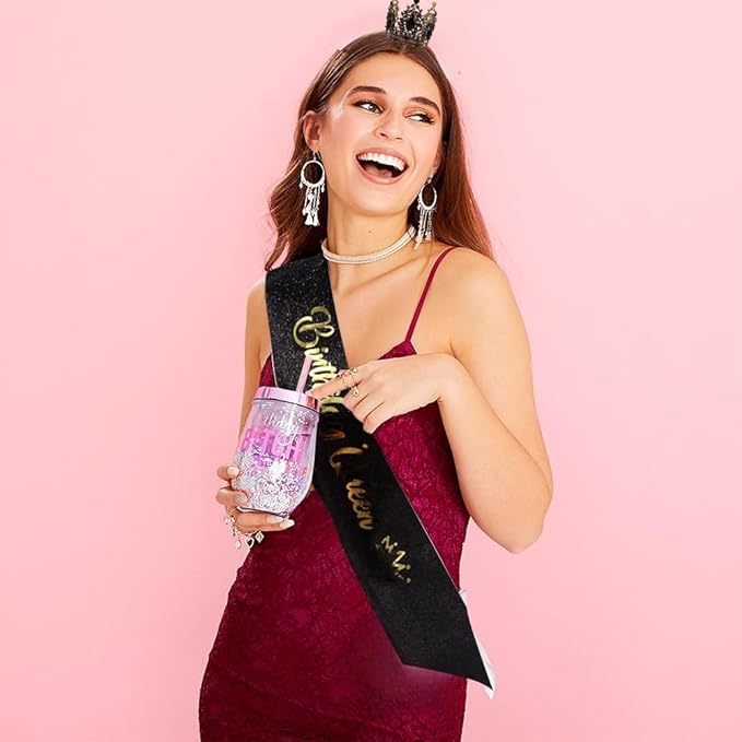 Birthday Queen Sash for Women Tiara & Crowns Headbands for Girls Happy Birthday Party Accessories Favor Supllies Leona Gold Black Pink, 2 Pack