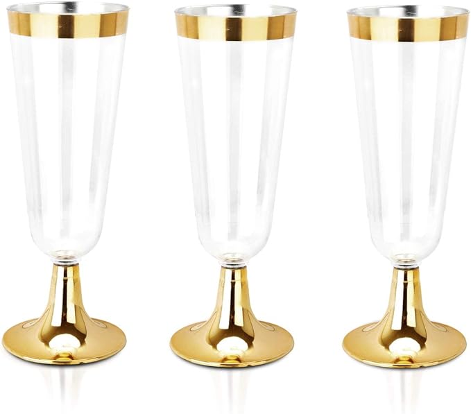 bUCLA 100 Pack Gold Plastic Champagne Flutes - 5OZ Plastic Champagne Glasses With Gold Rim - Premium Quality Gold Disposable Cups-Ideal for Thanksgiving Party, Weddings