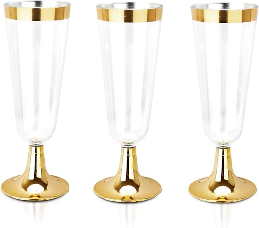 bUCLA 100 Pack Gold Plastic Champagne Flutes - 5OZ Plastic Champagne Glasses With Gold Rim - Premium Quality Gold Disposable Cups-Ideal for Thanksgiving Party, Weddings