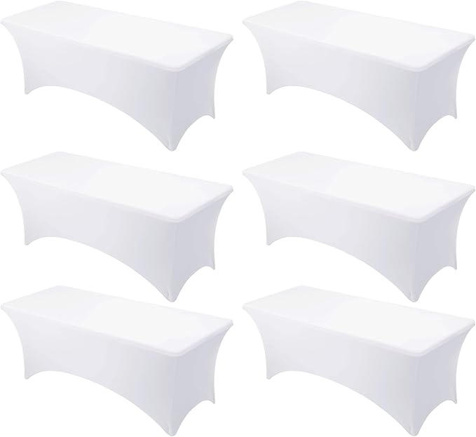 6-Pack Premium White Spandex Tablecloths for 8ft Rectangle Tables, Stain & Wrinkle-Resistant, Washable Stretch Polyester Fitted Table Cover for Weddings, Banquets, Trade Shows Events