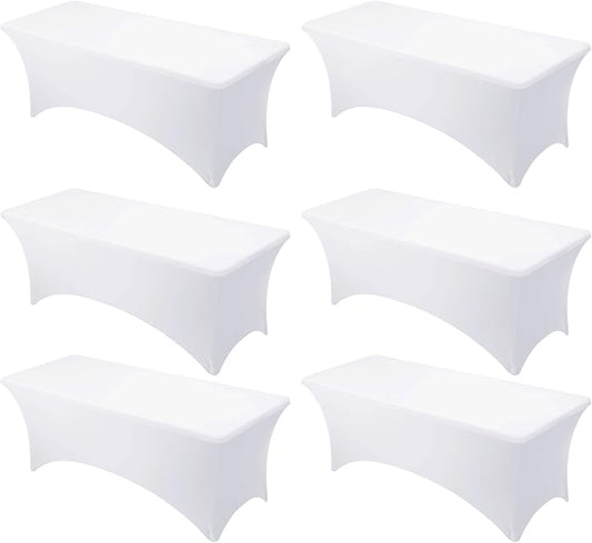 6-Pack Premium White Spandex Tablecloths for 8ft Rectangle Tables, Stain & Wrinkle-Resistant, Washable Stretch Polyester Fitted Table Cover for Weddings, Banquets, Trade Shows Events