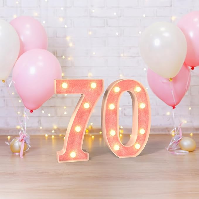 Marquee Numbers Light up Numbers, 0-9 Number Battery Powered LED Light, Pink Glitter Plastic Numbers for 70th Birthday Decorations, Number Decor for Graduation Engagement Wedding Birthday (Number 70)