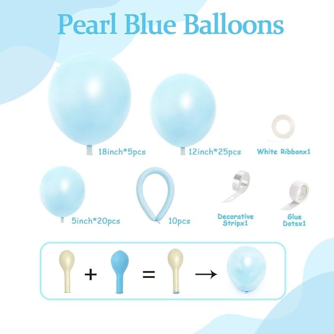Pearl Blue Balloon Double Stuffed Light Baby Blue Balloons Garland Pearl Arch Kit Long Balloons Different Size for Birthday Wedding Baby Shower Anniversary Decoration