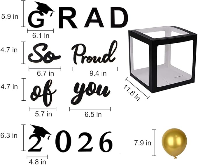 2026 Graduation Party Decoration Black Balloon Boxes with Letters 2026 Grad & So Proud of You and 20 pcs Ballons