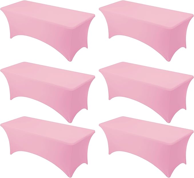 6-Pack Premium Pink Spandex Tablecloths for 8ft Rectangle Tables, Stain & Wrinkle-Resistant, Washable Stretch Polyester Fitted Table Cover for Weddings, Banquets, Trade Shows Events