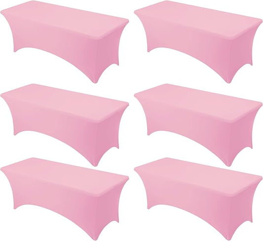 6-Pack Premium Pink Spandex Tablecloths for 8ft Rectangle Tables, Stain & Wrinkle-Resistant, Washable Stretch Polyester Fitted Table Cover for Weddings, Banquets, Trade Shows Events