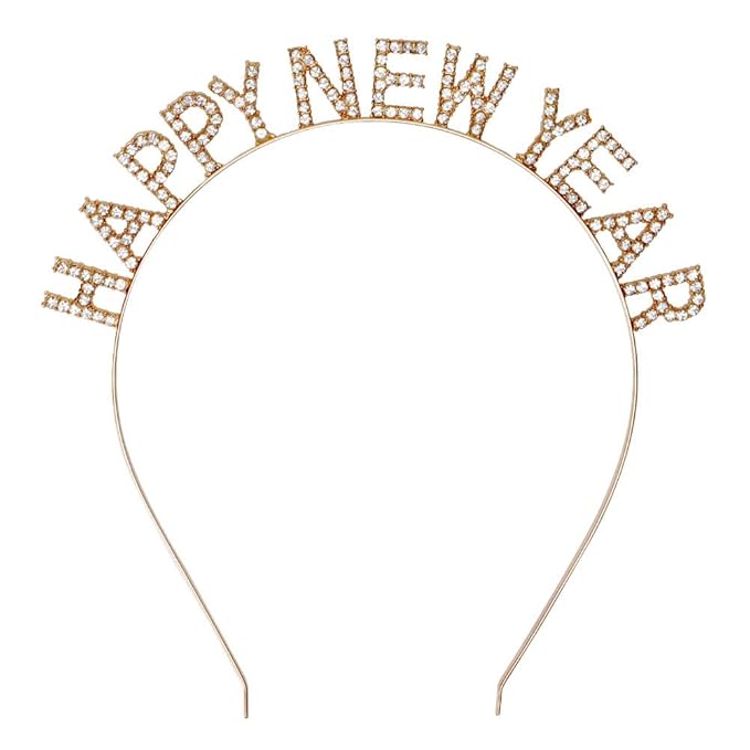 Happy New Year Rhinestone Headband for Women Girls,Crystal Tiara For New Year’s Eve Party Supplies (gold)
