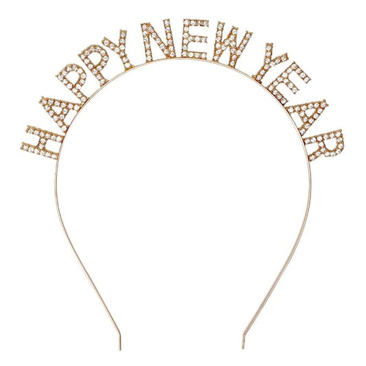 Happy New Year Rhinestone Headband for Women Girls,Crystal Tiara For New Year’s Eve Party Supplies (gold)