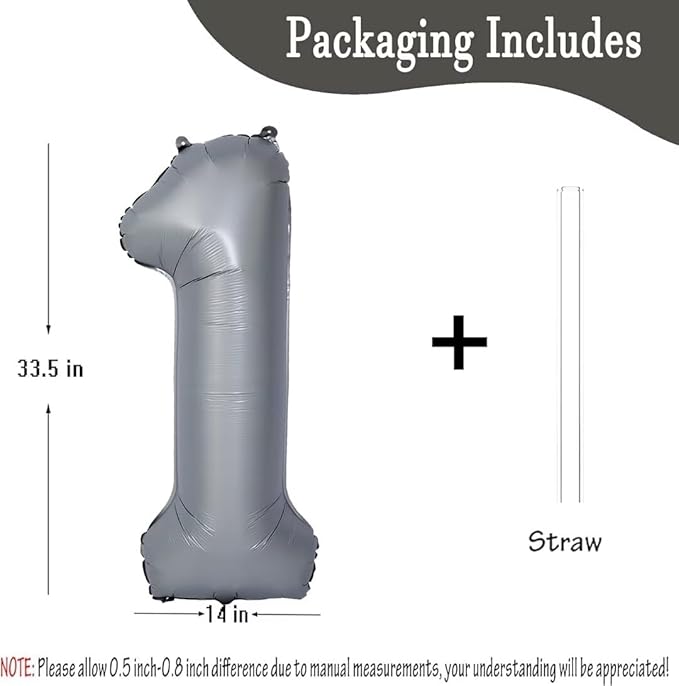 40in Gray Number 1 Balloons Big Foil Mylar Party Balloons for Girls Boys 1st Birthday Party Decorations Supplies