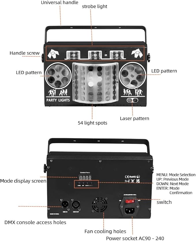 Party Lights DJ Disco Ball Light 5-in-1 Laser Strobe Projection Light DMX Control Sound Activation and Remote Control Live Performance Family Gathering, Club, bar, Karaoke, Birthday Holiday Carnival