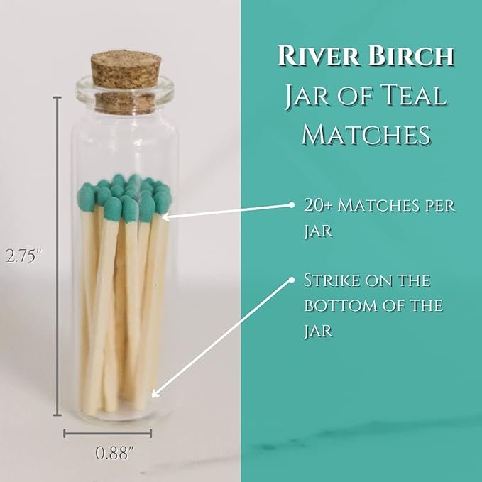 River Birch Decorative Matches in a Bottle with Striker - Cute & Colored Matches - 2 Bottles, Teal Tip, 40 Matches