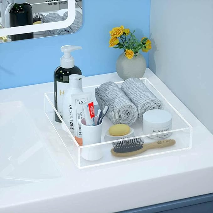 Waterproof Acrylic Vanity Tray, Remote Control Sturdy Valet Tray Organizer, Lucite Nightstand Dresser Bathroom Organizer, Square Acrylic Tray (Clear-10''x10'')
