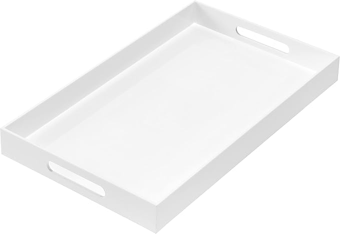 Glossy White Sturdy Acrylic Serving Tray with Handles 12x20x2H Inches -Spill Proof- Decorative Trays Countertop Organizer for Ottoman Coffee Table Nightstand, sidetable, Breakfast, Tea, Food