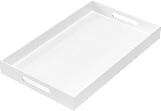 Glossy White Sturdy Acrylic Serving Tray with Handles 12x20x2H Inches -Spill Proof- Decorative Trays Countertop Organizer for Ottoman Coffee Table Nightstand, sidetable, Breakfast, Tea, Food