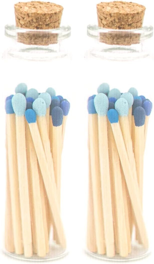 River Birch Decorative Matches in a Bottle with Striker - Cute & Colored Matches - 2 Bottles, Shades of Blue Tip, 40 Matches