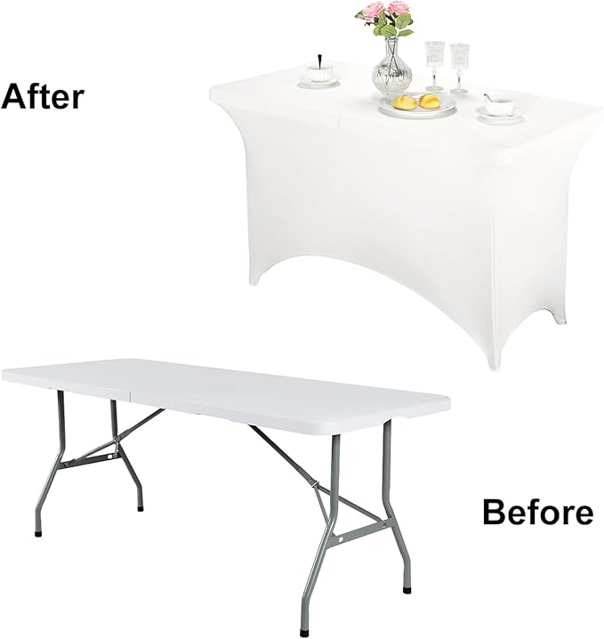 FORLIFE Fitted Spandex Table Cover - 4ft Rectangular, Stretch Patio Table Cover for Wedding, Banquet, Party (White)