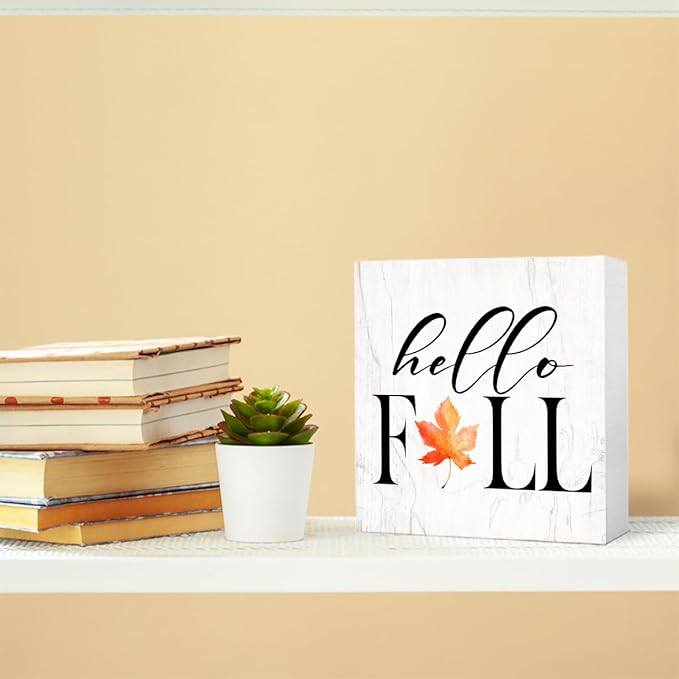 Funny Autumn Maple Leaves Wood Box Sign Hello Fall Leaves Wooden Block Desk Decor for Home Office Kitchen Cubicle Table Shelf Tabletop,Farmhouse Fall Sign Decor