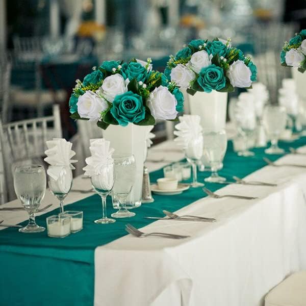 BLOSMON Flower Ball Centerpieces for Wedding: 10 Pcs Teal White Fake Roses Flowers Artificial for Table - Silk Kissing Bouquet Floral Arrangement Center for Home Party Event Decor
