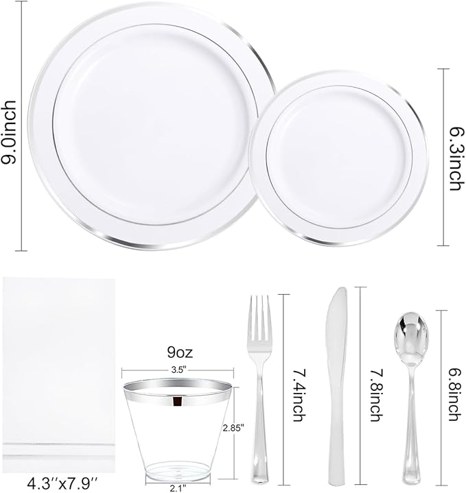 GATHER 350PCS Silver Plastic Plates - White and Silver Disposable Plates for 50 Guests Includes 50 Dinner Plates 50 Dessert Plate 50 Napkins 150 Silvery Cutlery and 50 Cups for Wedding & Party