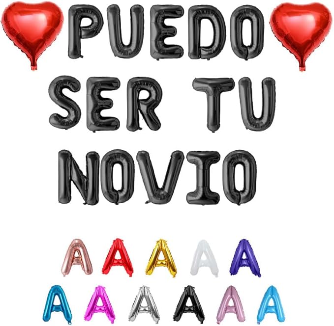 PUEDO SER TU NOVIO Balloons Banner with Two 18" Heart Balloons - Romantic Proposal Decorations for Prom/Date Night and Valentine’s Day - 16" Foil Letters with 4 Straws, Ribbon & Adhesive Dots