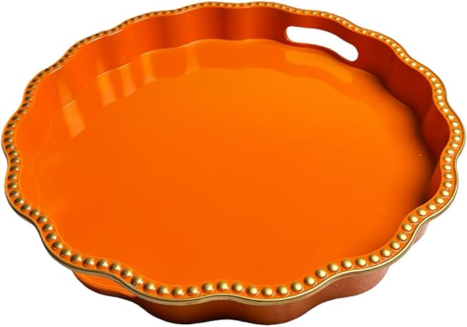 Orange Decorative Tray for Coffee Table, Wavy Scallop Beaded Plastic Serving Tray forKitchen Counter, Ottoman, Living Room, (13")