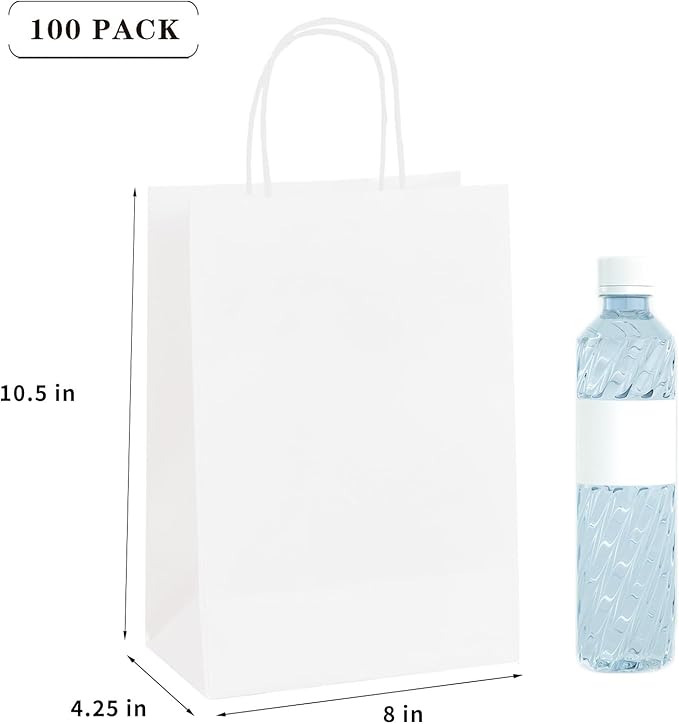 FACEBAG 100 Pcs White Gift Bags 8x4.25x10.5 With Handles - Shopping, Wedding, Party Favors, Grocery - Reusable & Durable Paper